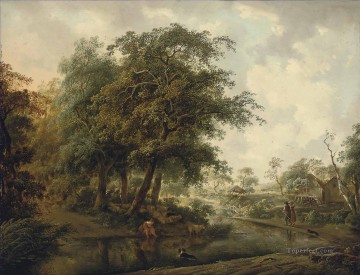  Flock Painting - A wooded river landscape with travellers on a track a shepherdess and her flock on a bank Philip Reinagle river landscape